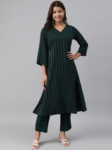 Green Striped Cotton Blend Kurta Set