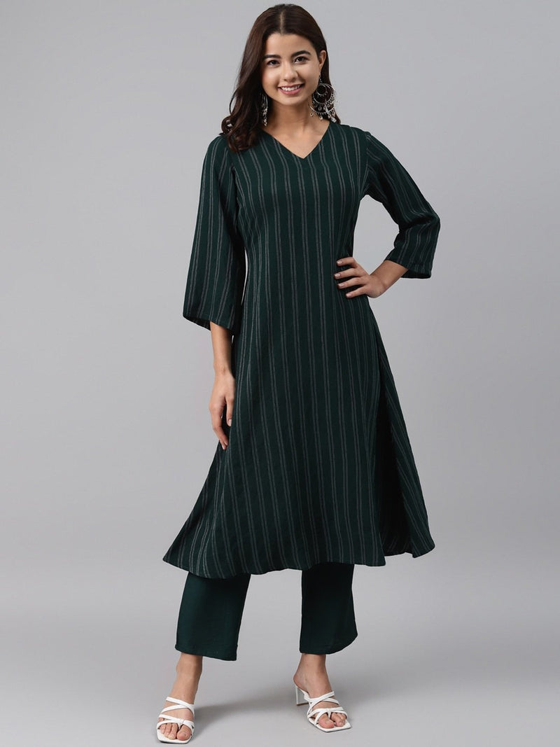 Green Striped Cotton Blend Kurta Set