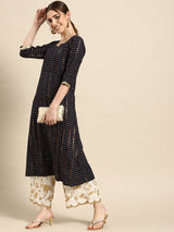 Navy Blue Printed Viscose Rayon Kurta