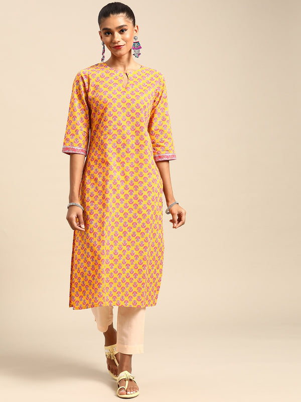 Yellow Printed Cotton Kurta