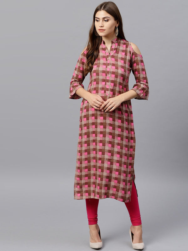 Brown Checkered Rayon Kurta