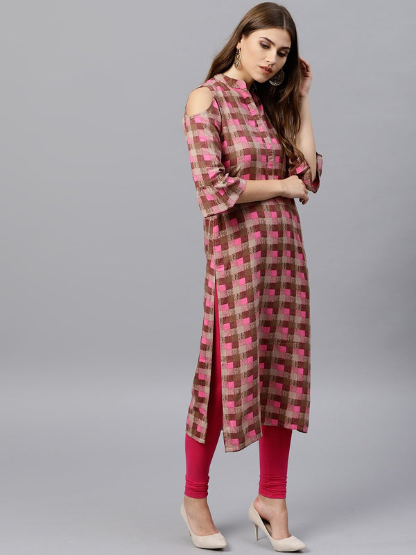 Brown Checkered Rayon Kurta