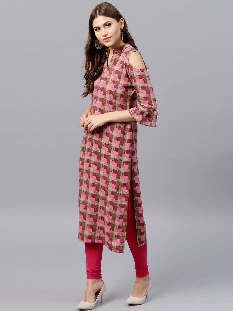 Brown Checkered Rayon Kurta