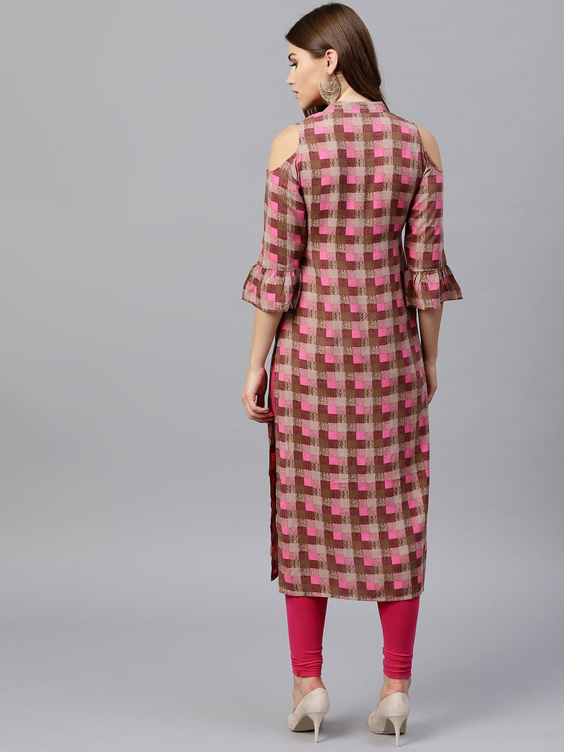 Brown Checkered Rayon Kurta