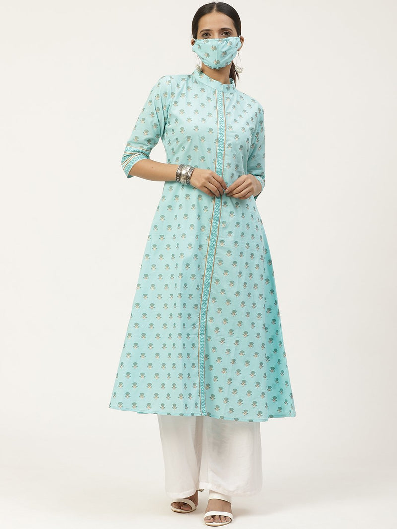 Blue Printed Maxi Dress With Mask