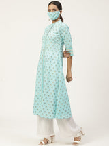 Blue Printed Maxi Dress With Mask
