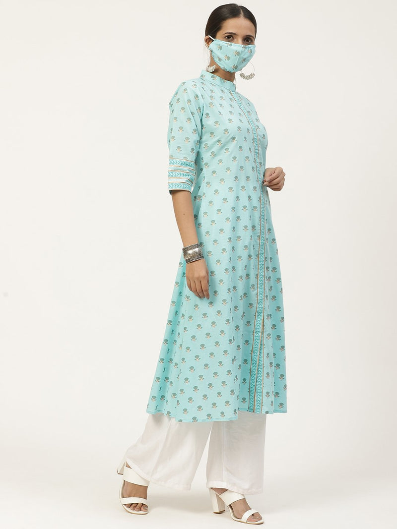 Blue Printed Maxi Dress With Mask