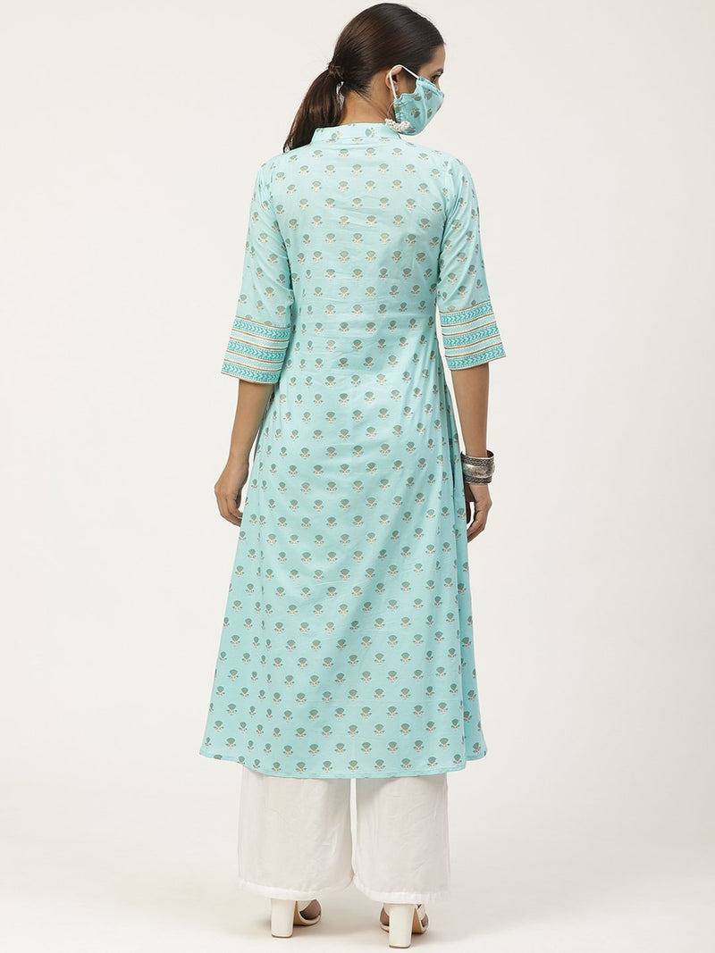Blue Printed Maxi Dress With Mask