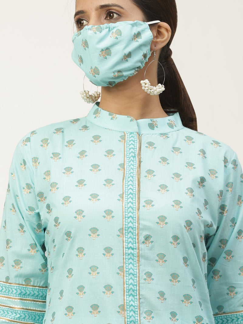 Blue Printed Maxi Dress With Mask