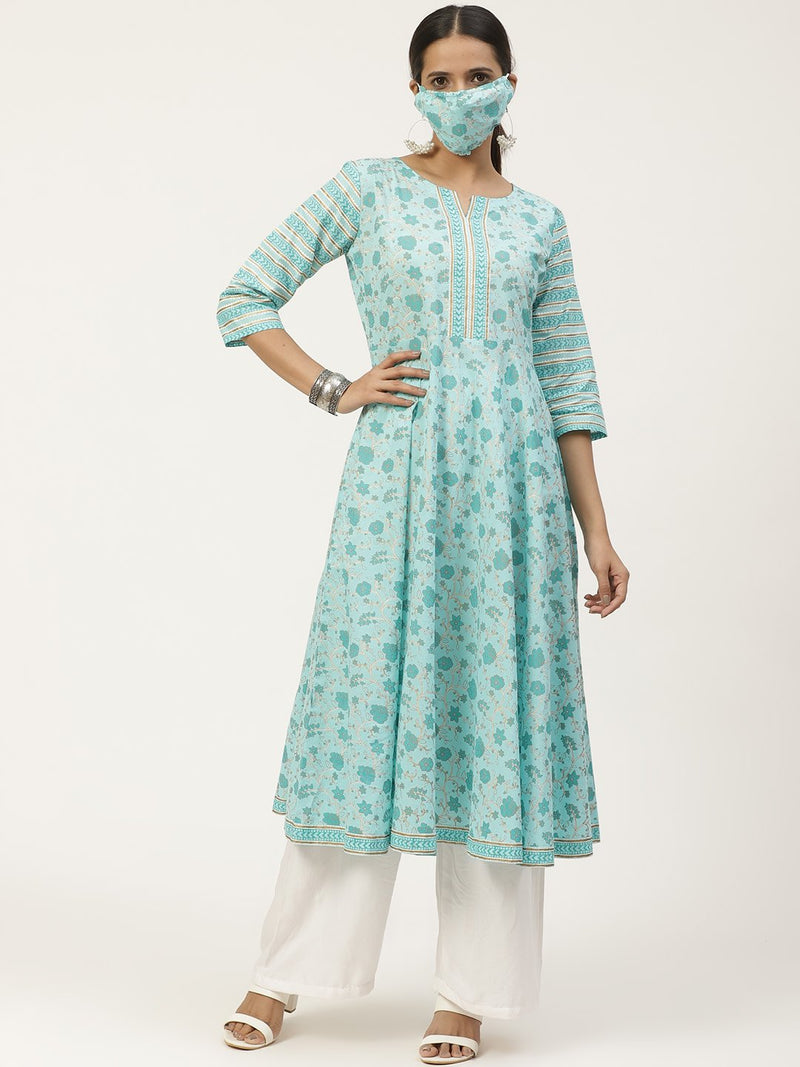 Blue Cotton Printed Maxi Dress With Cotton Printed Mask