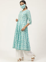Blue Cotton Printed Maxi Dress With Cotton Printed Mask