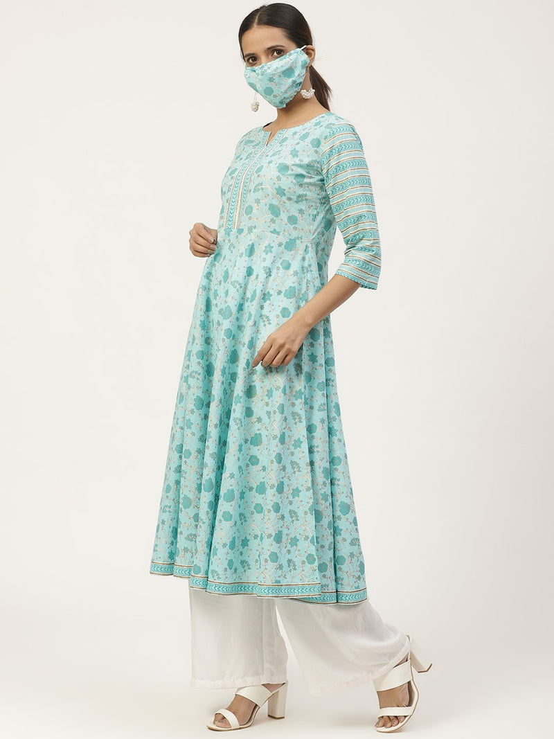 Blue Cotton Printed Maxi Dress With Cotton Printed Mask