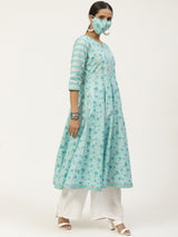 Blue Cotton Printed Maxi Dress With Cotton Printed Mask