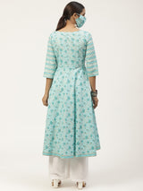 Blue Cotton Printed Maxi Dress With Cotton Printed Mask