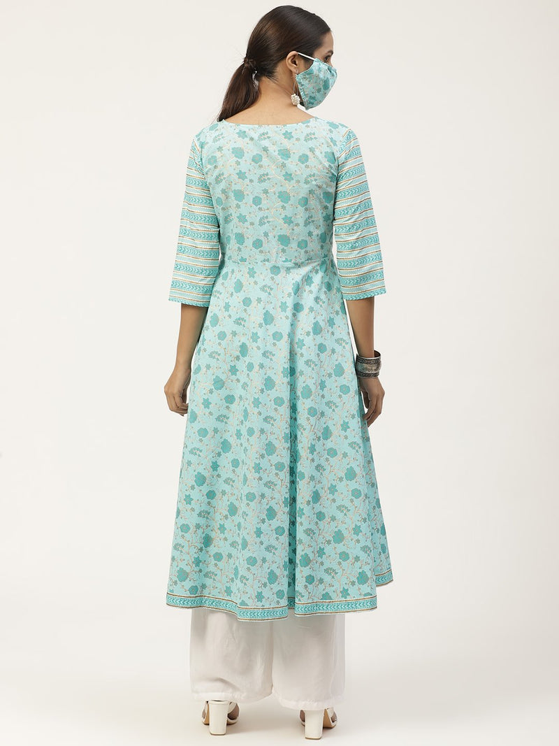 Blue Cotton Printed Maxi Dress With Cotton Printed Mask