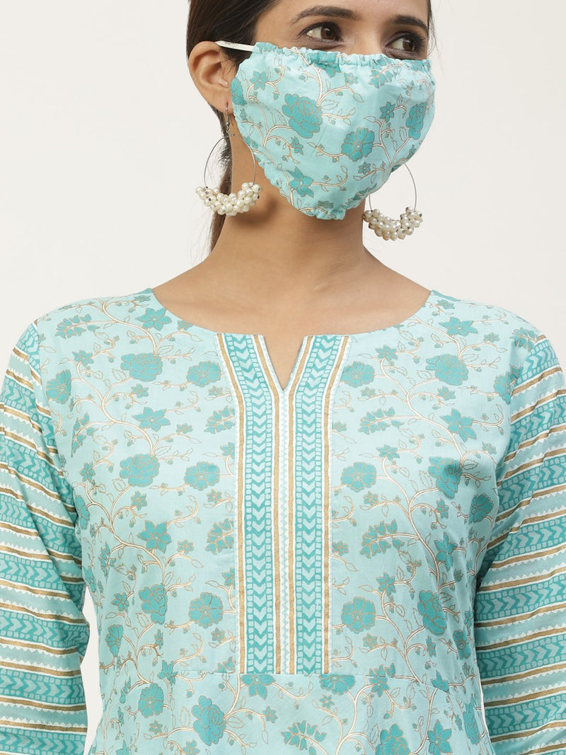 Blue Cotton Printed Maxi Dress With Cotton Printed Mask
