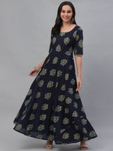 Blue Cotton Printed Flared Dress