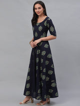 Blue Cotton Printed Flared Dress