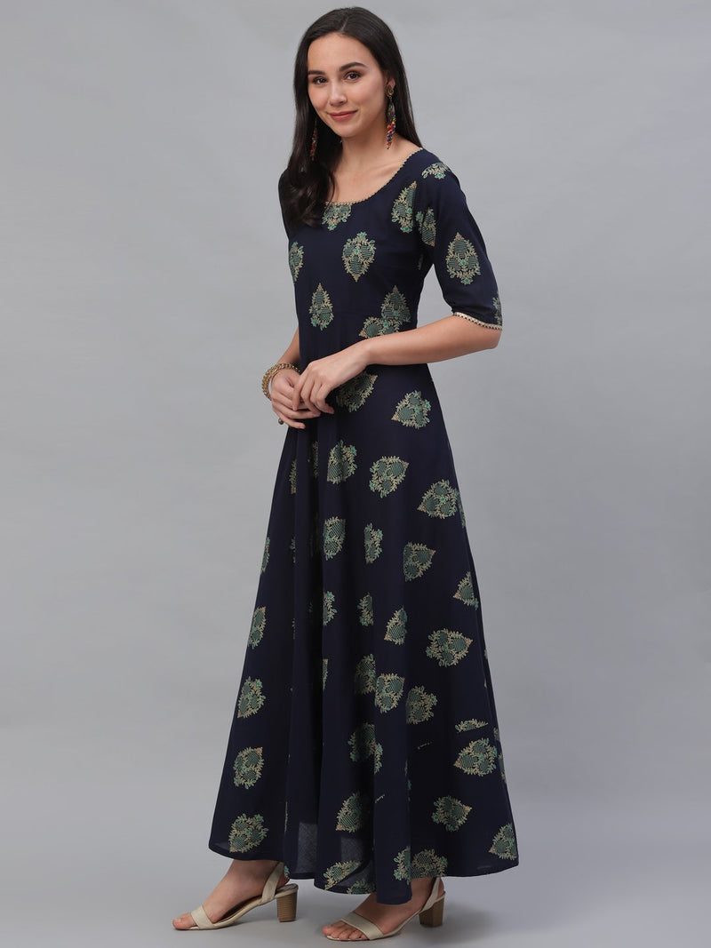 Blue Cotton Printed Flared Dress