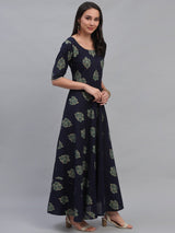 Blue Cotton Printed Flared Dress
