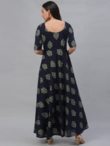 Blue Cotton Printed Flared Dress