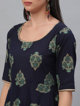 Blue Cotton Printed Flared Dress