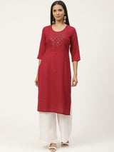 Maroon Embroidered Straight Kurta