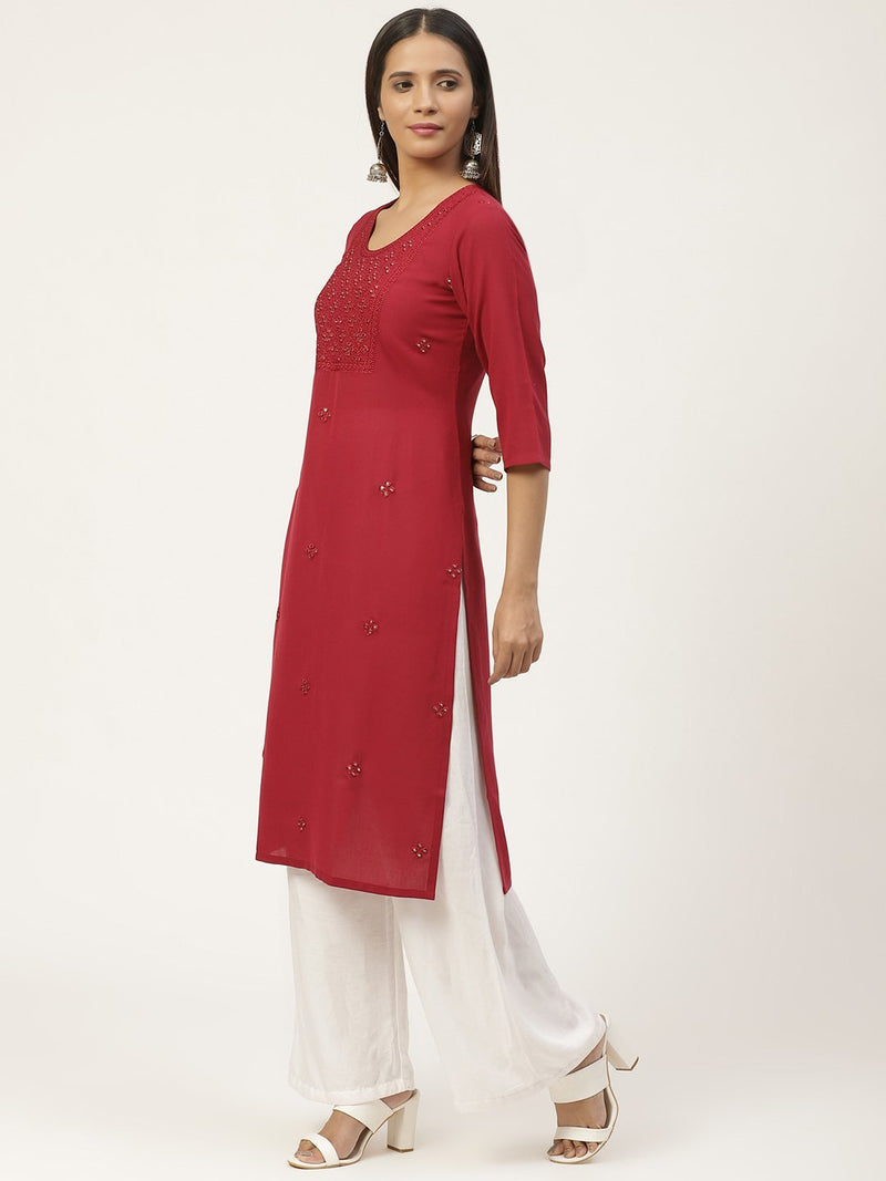 Maroon Embroidered Straight Kurta