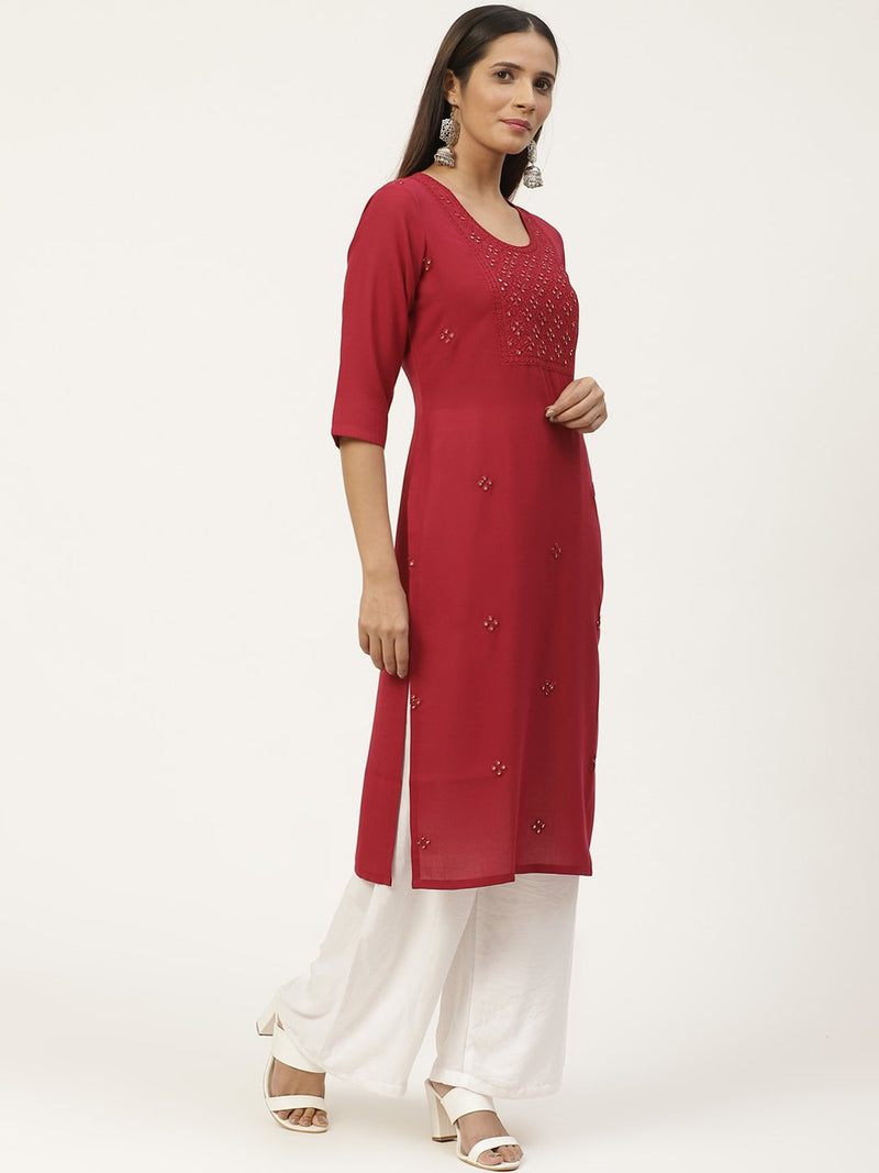 Maroon Embroidered Straight Kurta