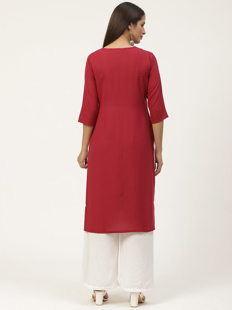 Maroon Embroidered Straight Kurta