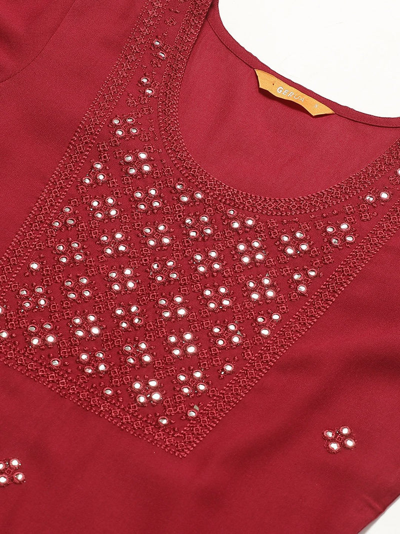 Maroon Embroidered Straight Kurta