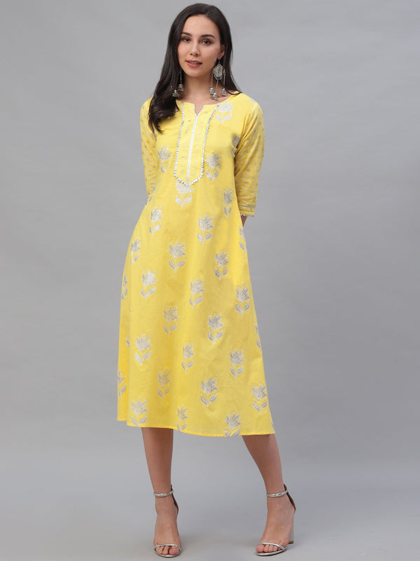 Yellow Cotton Printed A-line Dress