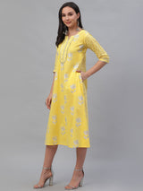 Yellow Cotton Printed A-line Dress