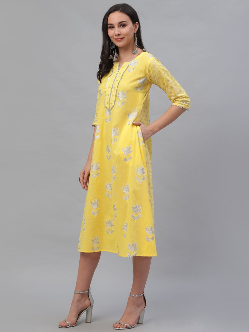 Yellow Cotton Printed A-line Dress