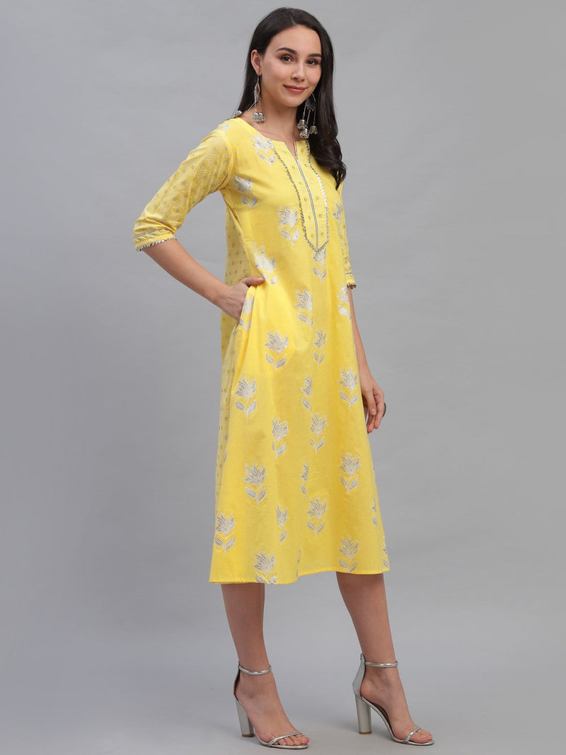Yellow Cotton Printed A-line Dress