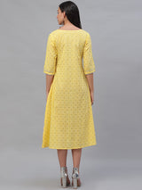 Yellow Cotton Printed A-line Dress