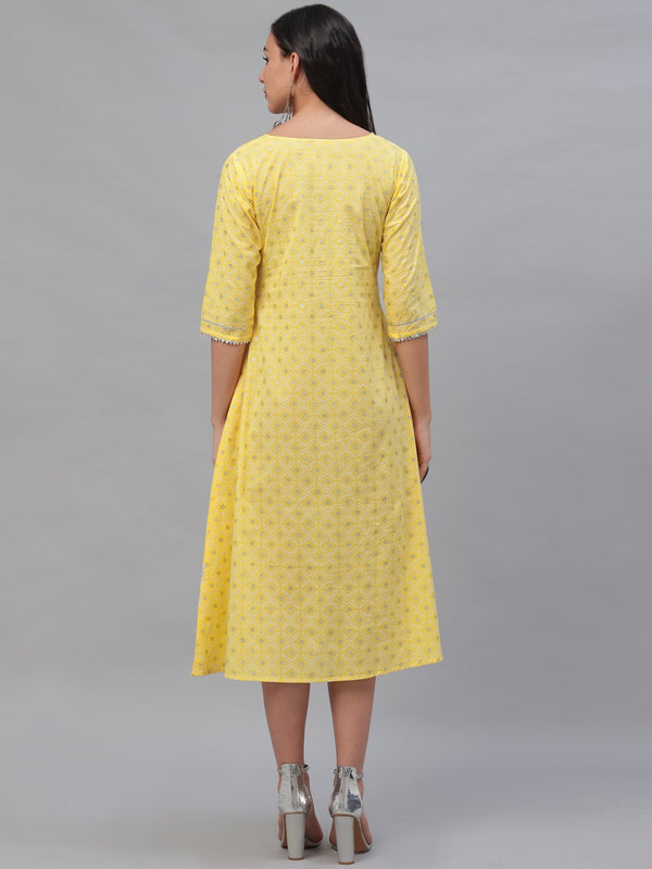 Yellow Cotton Printed A-line Dress