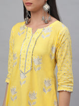 Yellow Cotton Printed A-line Dress
