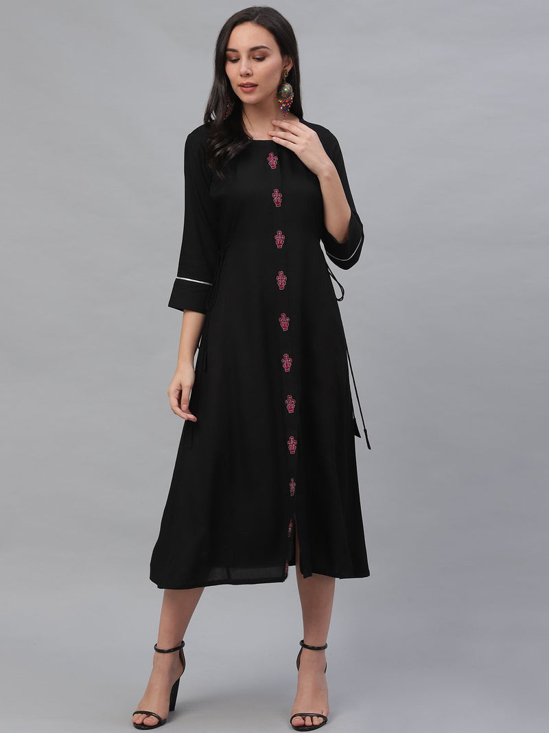 Black Rayon Embroidered Flared Dress With Dori