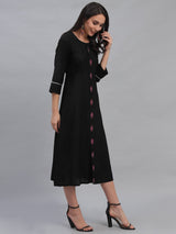 Black Rayon Embroidered Flared Dress With Dori