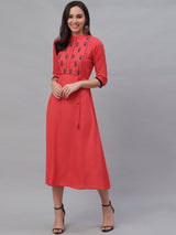 Pink Rayon Embroidered Flared Dress With Dori