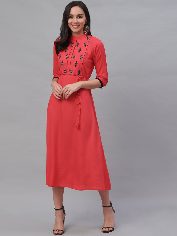 Pink Rayon Embroidered Flared Dress With Dori