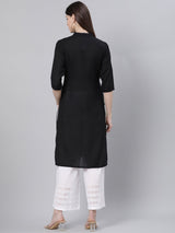 Black Cotton Solid Straight Kurta