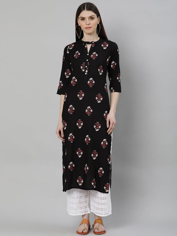 Black Rayon Printed Straight Kurta