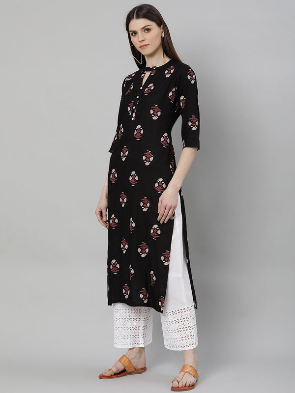 Black Rayon Printed Straight Kurta