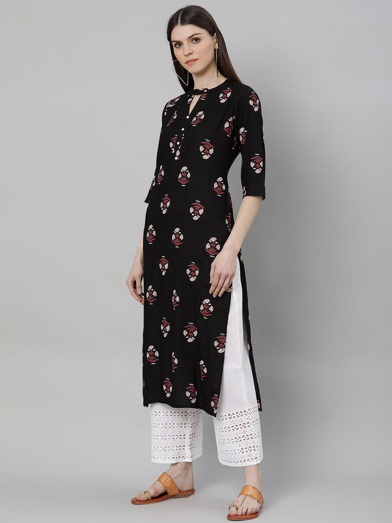 Black Rayon Printed Straight Kurta