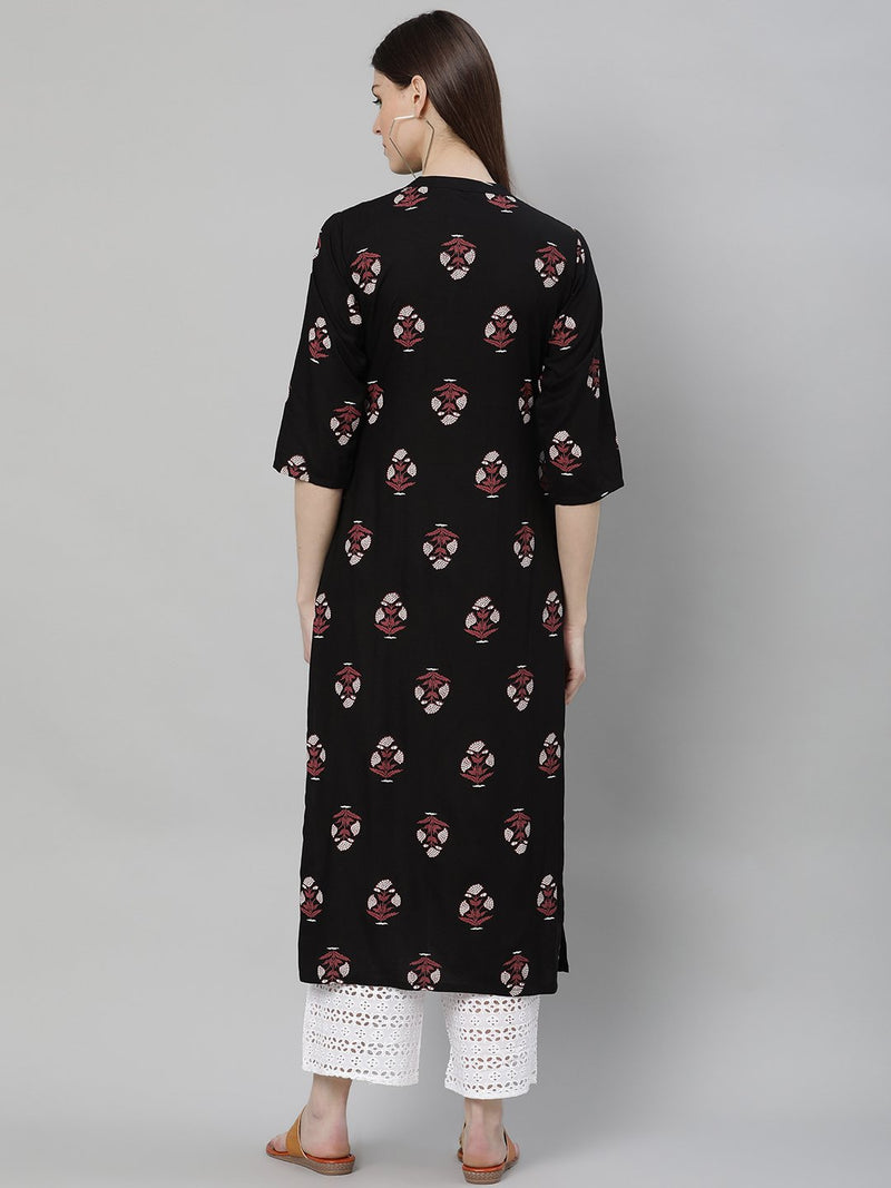 Black Rayon Printed Straight Kurta