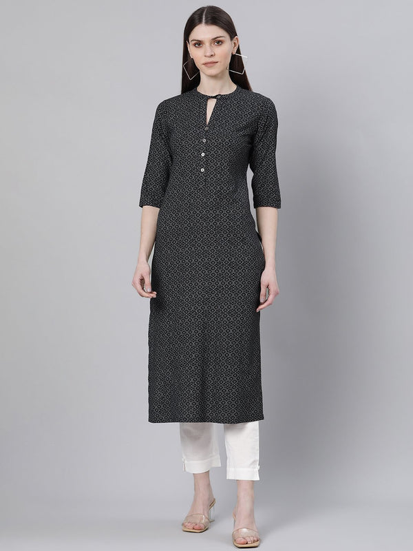 Black Printed Rayon Kurta
