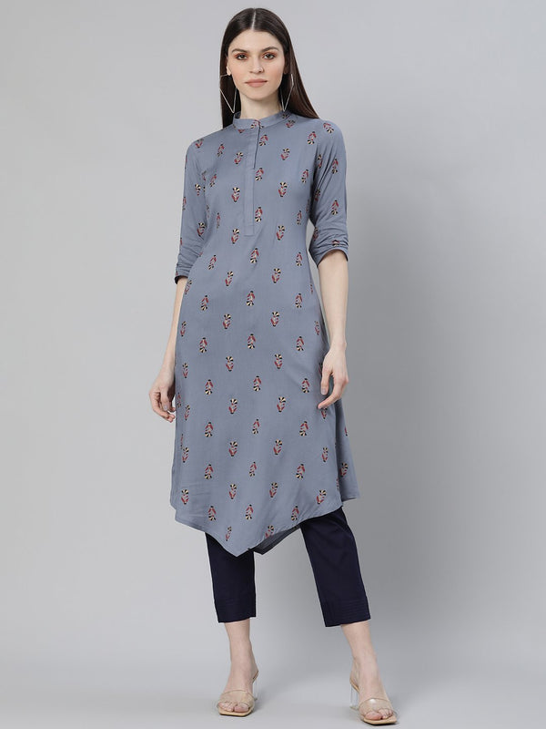 Blue Printed Rayon Kurta