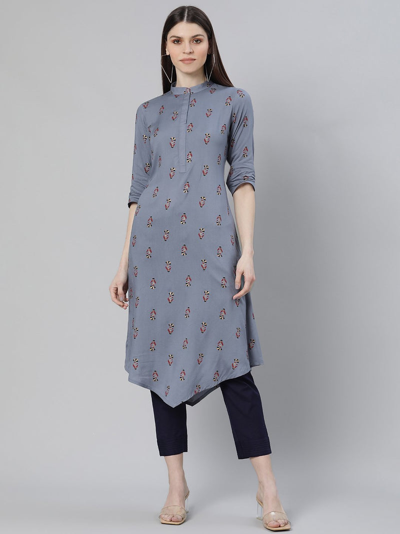 Blue Printed Rayon Kurta